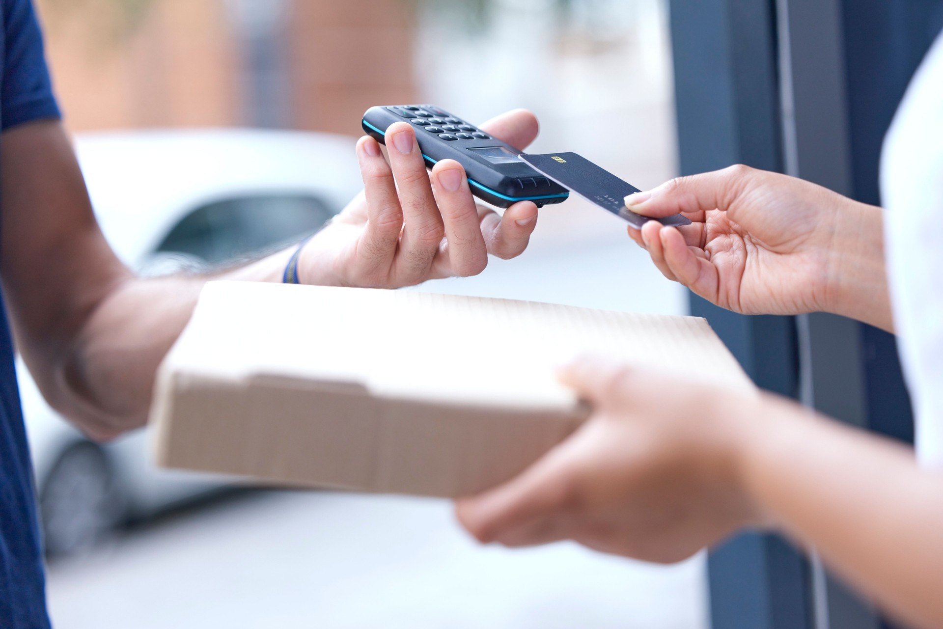 Card machine, courier and people hands with online payment, digital finance service and paperless fintech. Retail Delivery, credit and b2c transaction, customer or person with package for e commerce